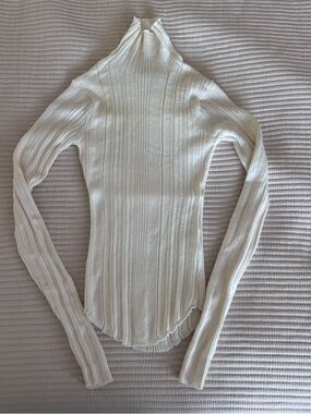 Sayaka Davis Ribbed High-Neck Long Sleeve Top in Cream Turtleneck S wool